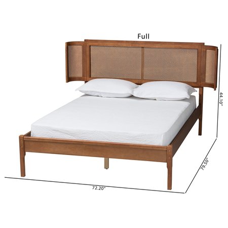 Baxton Studio Eridian MidCentury Modern Walnut Brown Finished Wood and Natural Rattan Queen Size Platform Bed 222-11891-ZORO